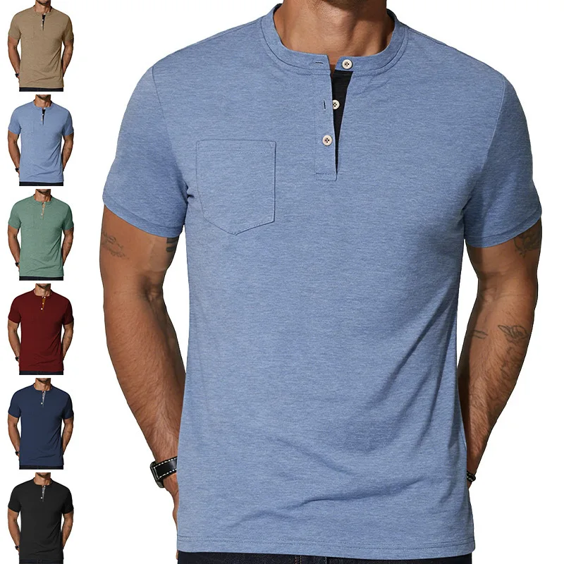 Men Henley Short Sleeve T‑Shirt Stand Collar Button Placket Chest Pocket Solid Summer Tops