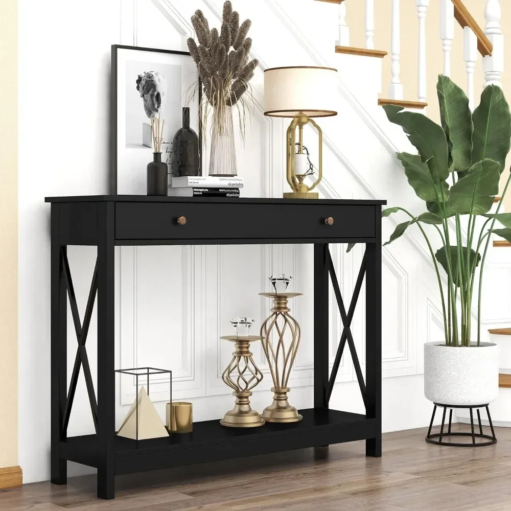 

SAT2 Console Table with Drawer and Storage Shelves, Foyer Sofa Table Narrow for Entryway, Living Room