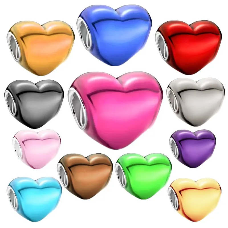 Fine Metallic Pink Blue Red Black Heart Charm 12 Colors Beads Women Jewelry Gift Fit Original Silver 925 Bracelet Bangle