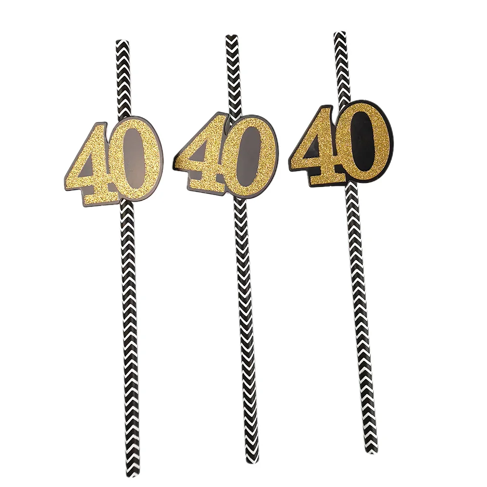 12/24/48/120pcs Black Golden Number 40 Straws Men and Women 40th Birthday Party Tableware Drink Straws Decoration Supplies