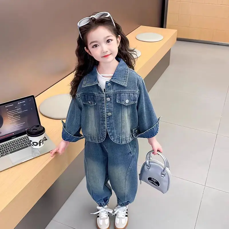 Korean Clothes For Children Spring Autumn New Girls' Loose Fashion  Denim Jacket Pants Kids Casual Top Jeans 2 Pcs Set  789
