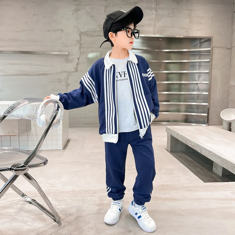 Boys Suit Coat +Pants Cotton 2Pcs/Sets 2023 Navy Blue Spring Autumn Sports Sets Windproof Thicken Children Clothing