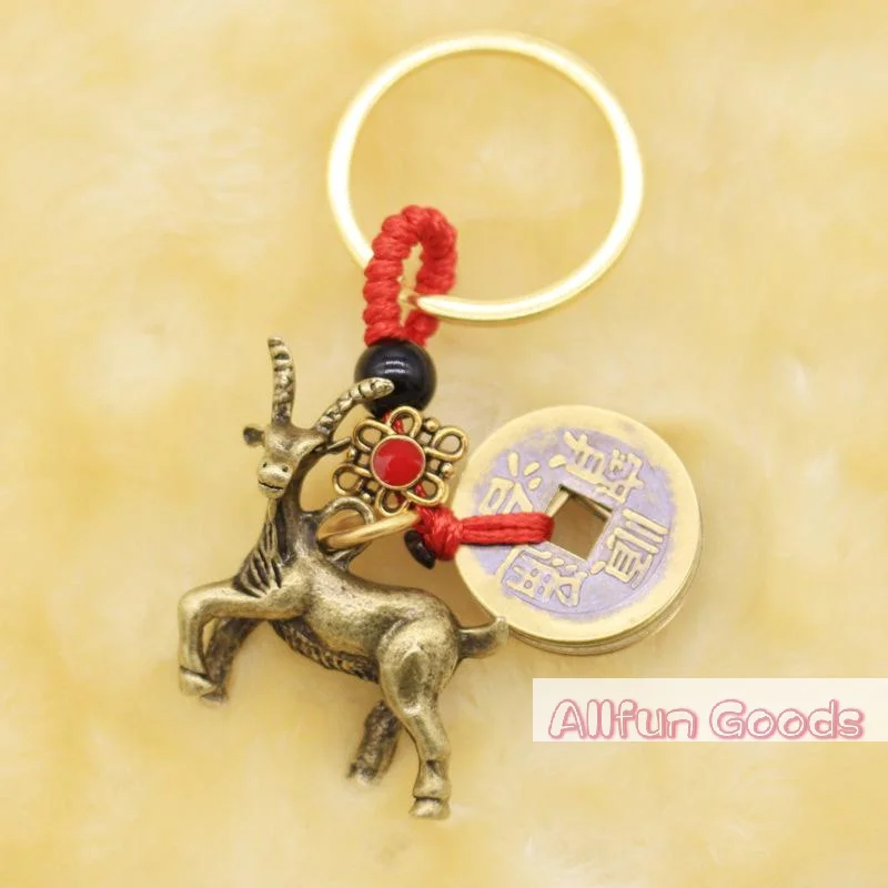 [TG835]Brass Chinese Zodiac Keychain With Lucky Coins Handmade Red Knot Feng Shui Good Luck Gift For Car Key Decoration