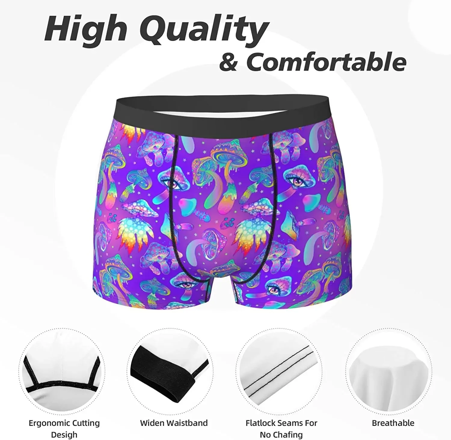 Roupa interior masculina com estampa de cogumelo psicodélico, cueca boxer, esporte regular, respirável masculino, calcinha leve