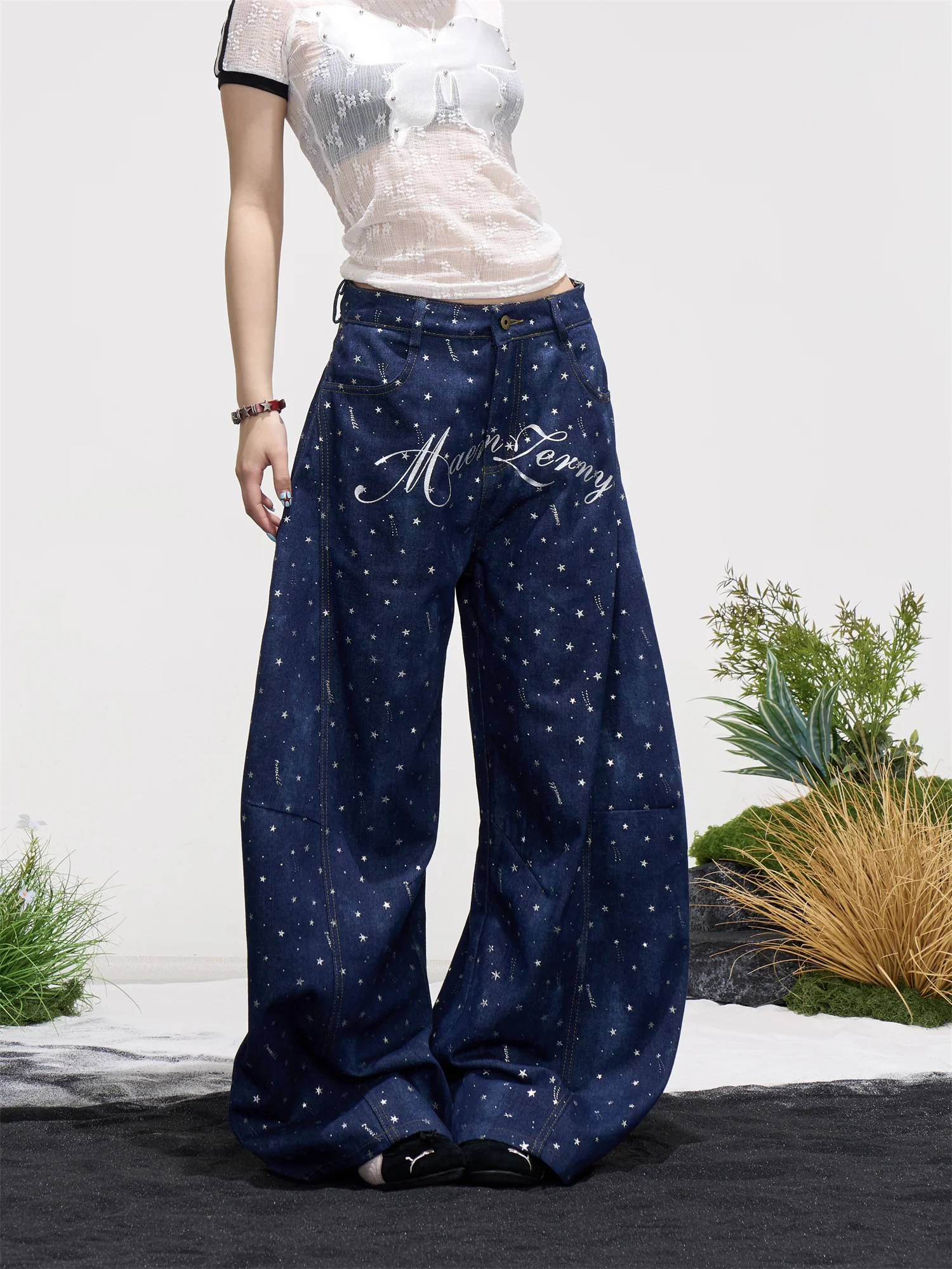 

Retro American Hip Hop Star Print Loose Wide Leg Knife Jeans Women's Casual Streetwear Trousers by Onlpp