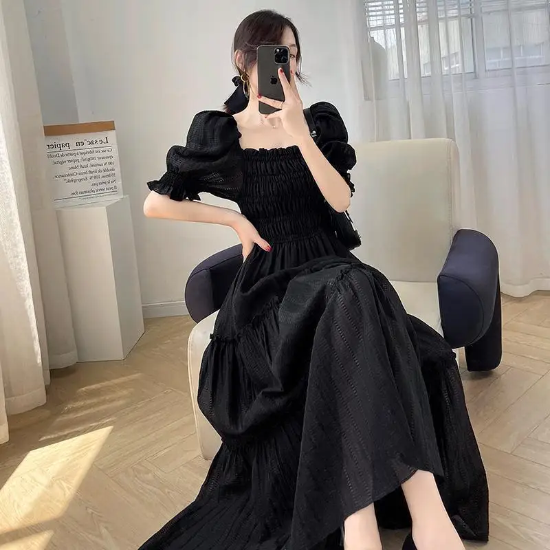 

Black Short-sleeved Square Neck Dress for Women Summer New Hepburn Style Waist Slimming Long A-line Skirt