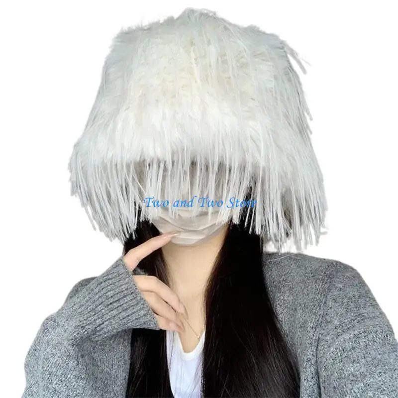 

HX6F Windproof Warm Cap Girl Bonnet Y2K Furry Bucket Hat Adult Beanie Soft Plush Hat