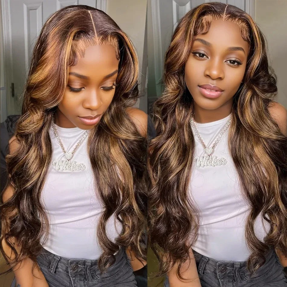

427 Highlight Ombre Body Wave Human Hair Wig 13x4 Lace Front Wig 13x6 HD Transparent Lace Frontal Wigs 30 32Inch Brazilian Brown