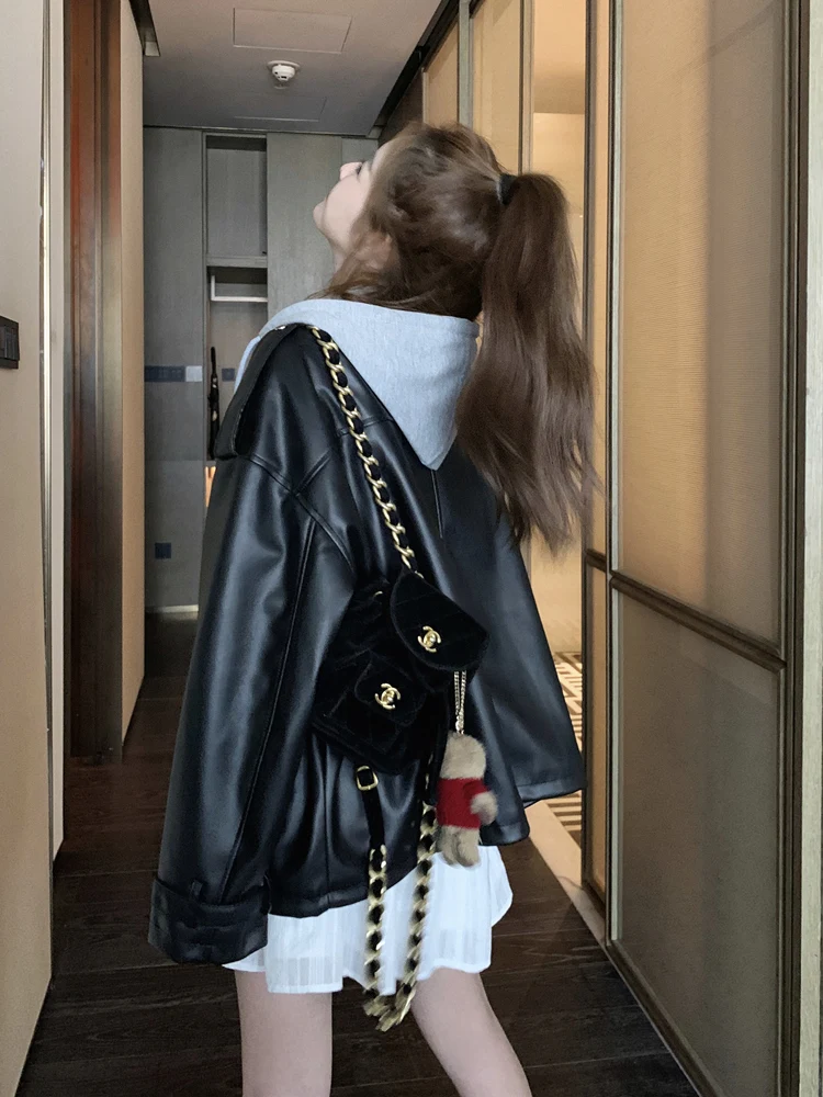 سترة قصيرة للدراجات النارية بأسلوب أمريكي كاجوال للنساء، موديل جديد للربيع والخريف، فضفاضة وعصرية من الجلد الصناعي للنساء ذوا...