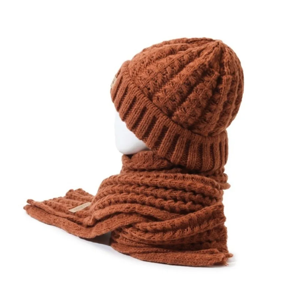 2Pcs Trendy Windproof Knitted Hat Scarf Korean Style Thicken Neck Guard Hat Set Soft Plush Warm Scarf Couple