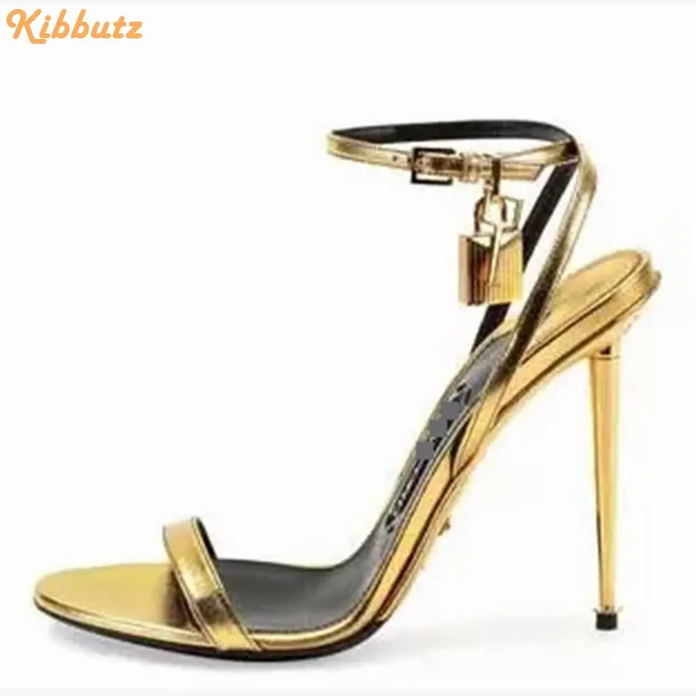 Metallic Heel Lock Ankle Strap Sandals Round Toe Slingback One Word Belt High Heels Stiletto Heel Women Fashion Sandals Padlock