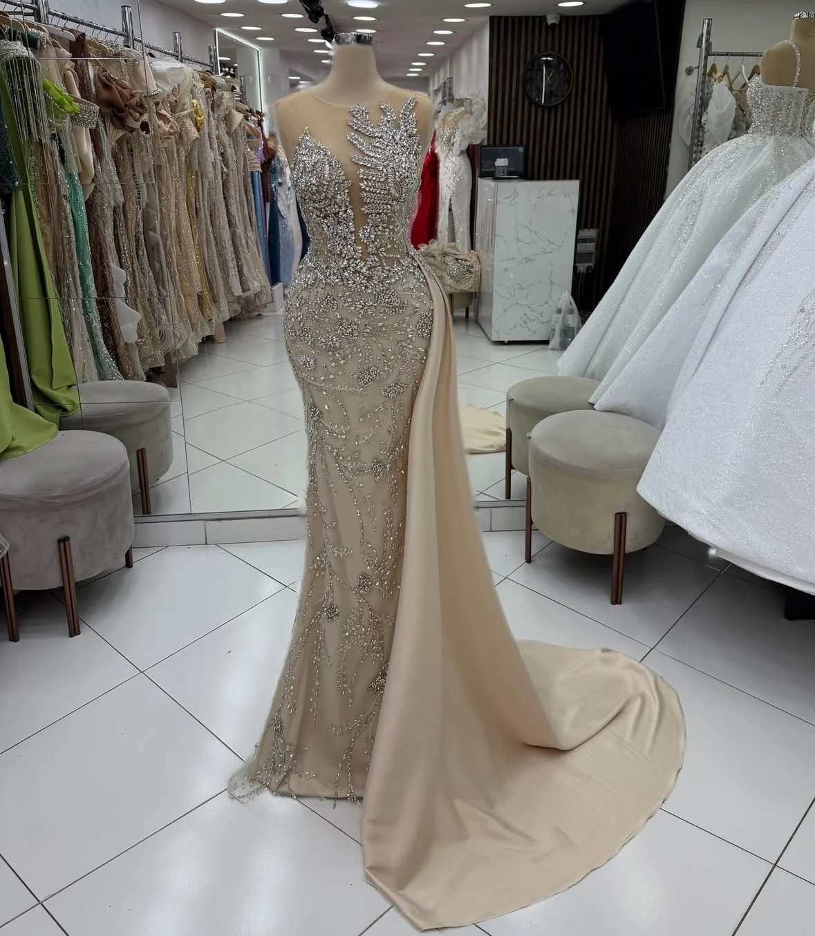 Sparkling Sleeveless Champagne Crystal Evening Gown Train Prom Party Dress Sheer Mermaid Dress Cocktail Dress Haute Couture