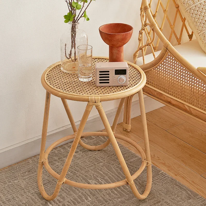 Handmade Rattan Tea Table – Japanese Style Retro Sofa Side Cabinet, Creative Small Table for Living Room, Minimalist Furniture