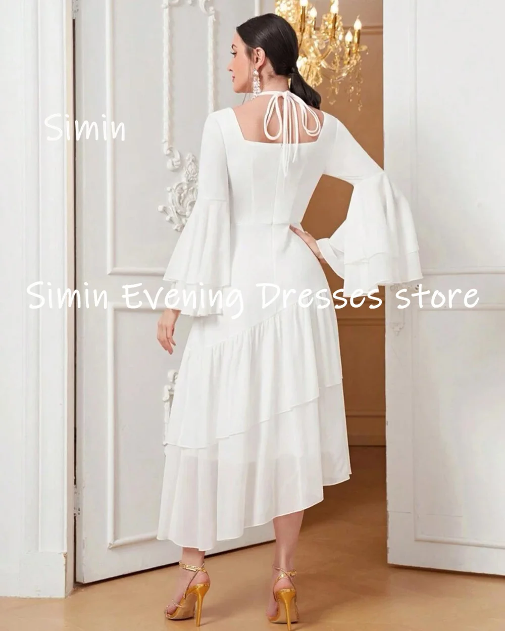 Simin-Robe de soirée en mousseline de soie pour femme, ligne A, col bateau, à volants, longueur de rinçage, élégante, 2023