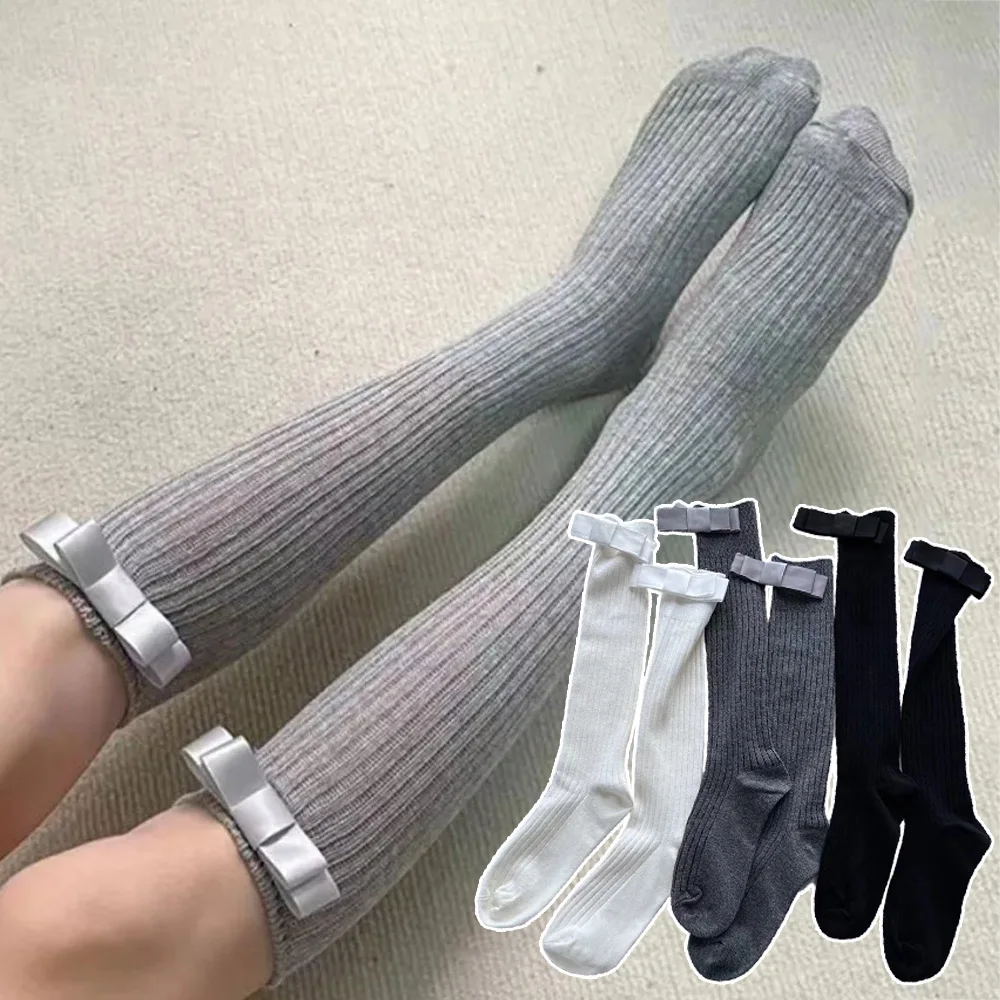 Y2K calze di vitello in cotone lavorato a maglia con fiocco per le donne calze lunghe autunno inverno calze autoreggenti calde calze al ginocchio
