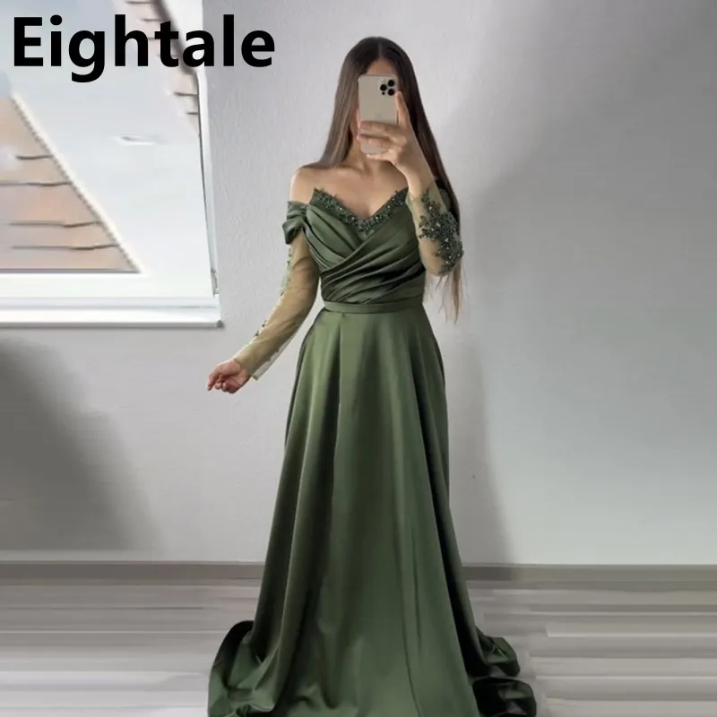 Eightale Olive Green Satin Evening Dress For Wedding Party 2022 Elegant Long Sleeve Off Shoulder Dubai Women Formal Party Gown