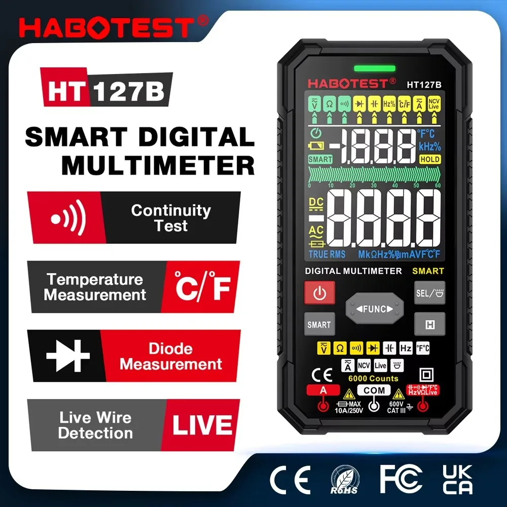 

HABOTEST HT127 Digital Multimeter 600V 10A DC AC Voltage Current Tester Capacitance Ohm Diode multimetro NCV Hz Live wire Tester