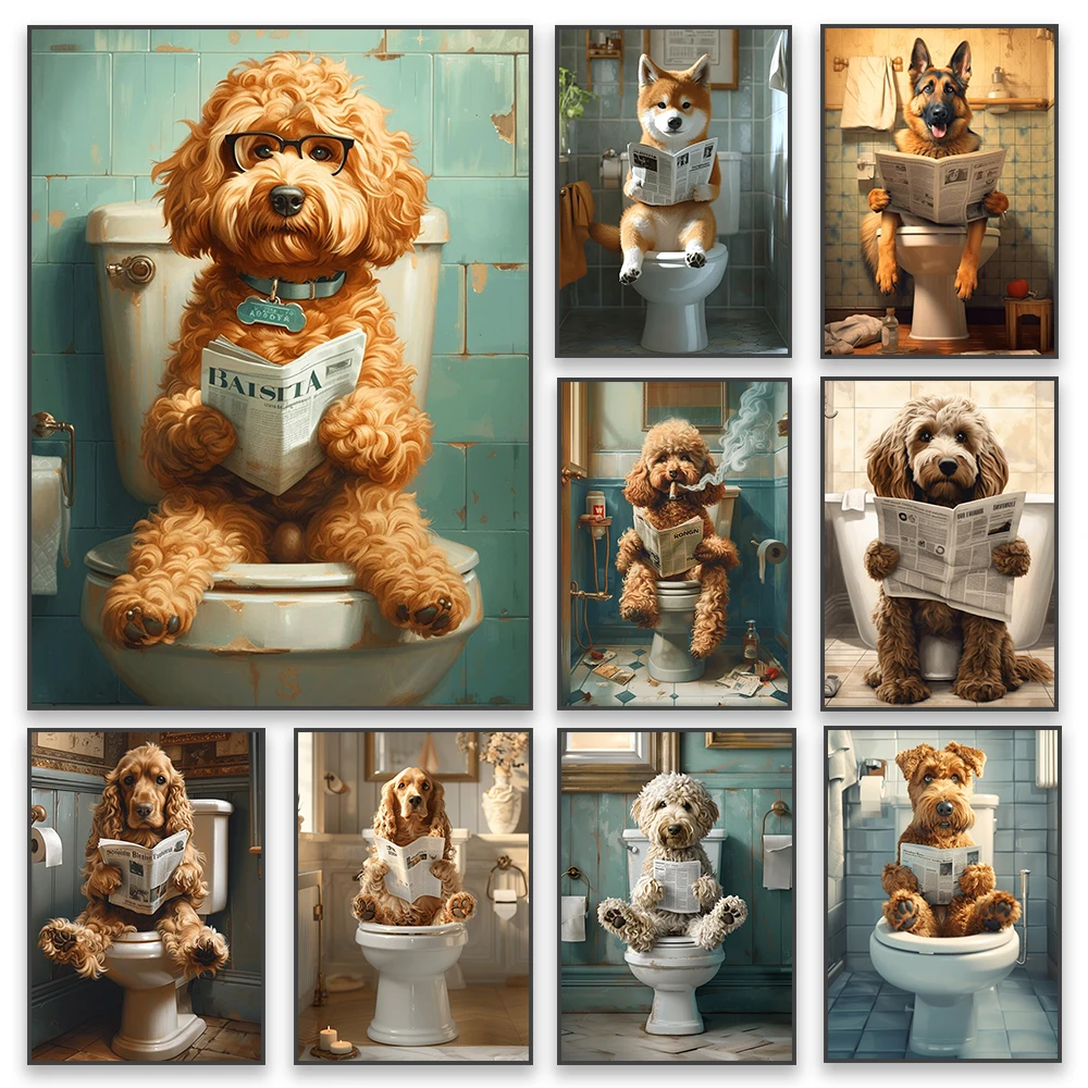 Goldendoodle On The Toilet Canvas Painting Toilet Humor Bathroom Poster Akita On The Toilet And Reading Newspaper Prints Decor