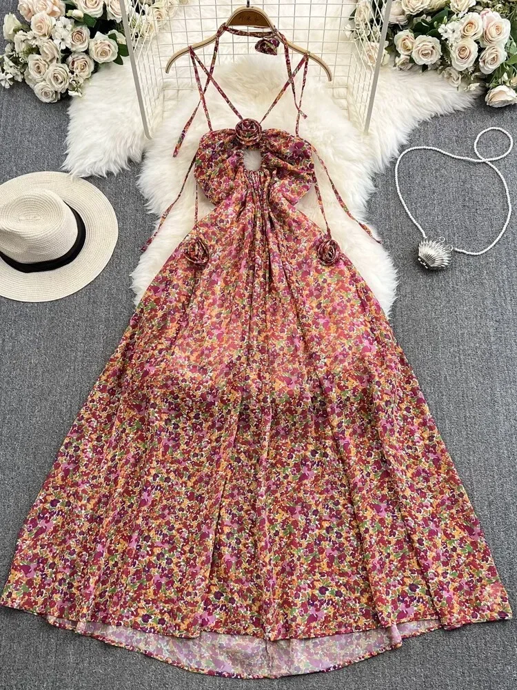 

Summer Flower Beach Party Beach Bohemian Dress Women Hanging Collar Backless High Waist Slim Print Chiffon Long Robe