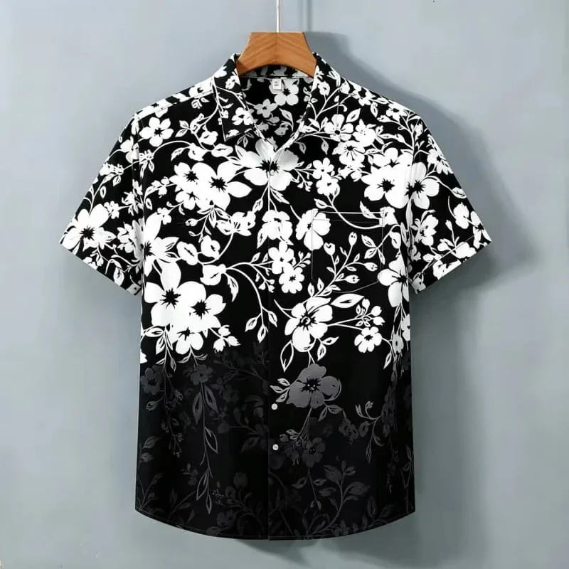 Men's Black and White Printed Short Sleeved Shirt Is Simple and Personalized, Suitable for Minimalist Vacations