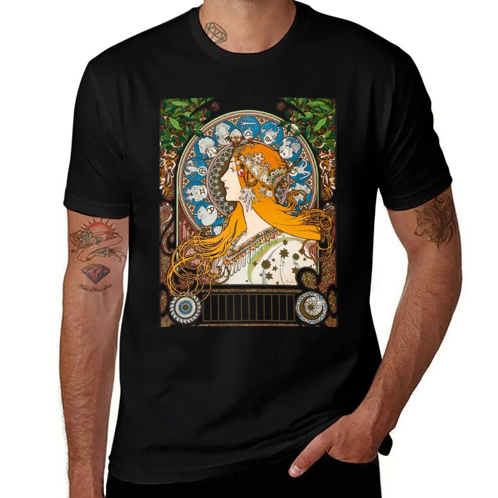 Frank McCarthy - Alphonse Mucha - Zodiaque Var.2, 1896 T-Shirt All Match Basic Short Sleeve Top