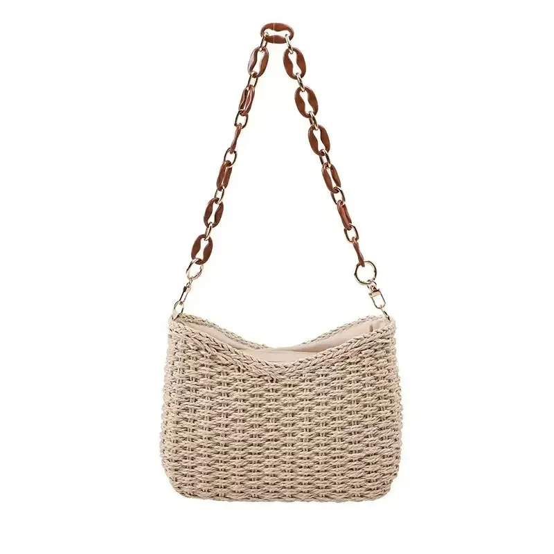 Straw Woven Shoulder Bag for Women Luxury Beach Vacation Handbag Portable Seaside Travel Accessory view 5