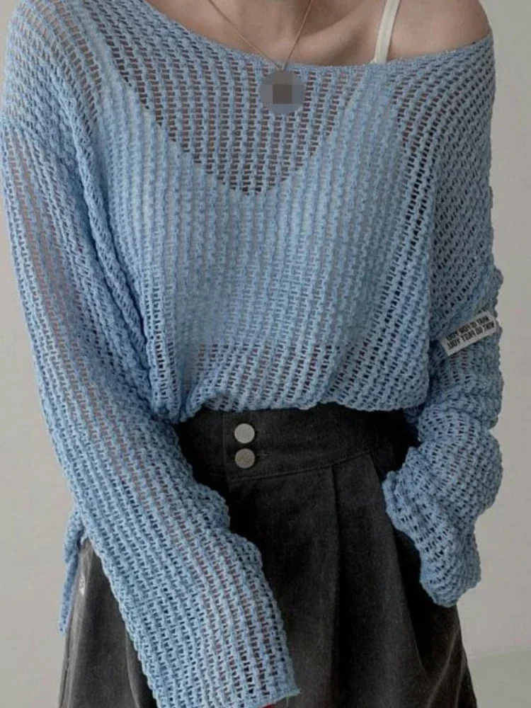 summer Lady Hollow Out Mesh Thin Pullover Women\'s Knitted Sweaters See Through Look Long Sleeve Loose Tops Smock Sunscreen shirt