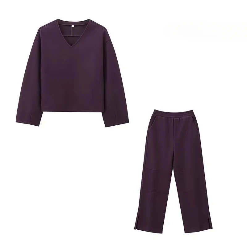 

TRAFZR Pants Set Woman Two Pieces Casual Elegant Sweat Suit Sets Solid V-neck Long Sleeve Sweatshirts Set Autumn Woman Sets