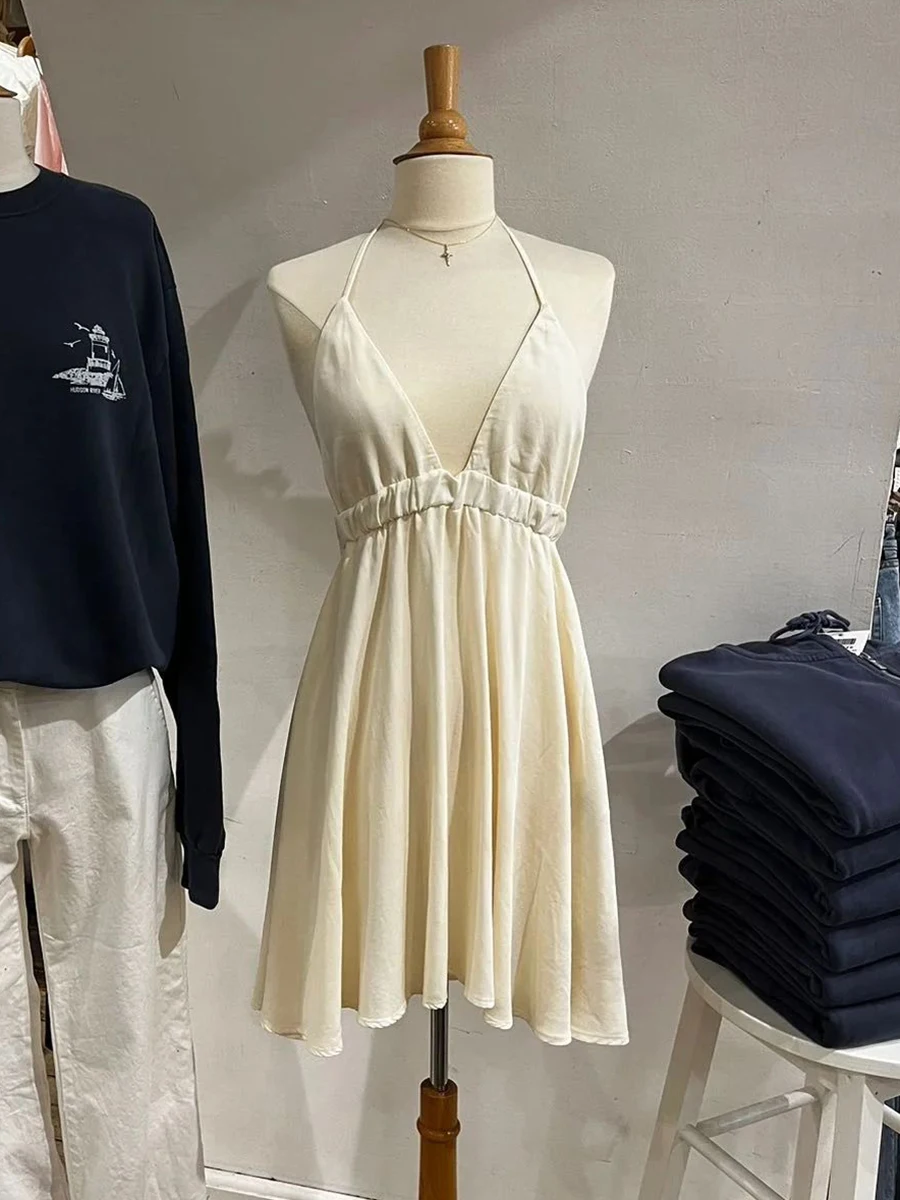 Sexy Backless Beige Halter Mini Dress Woman V-neck Elastic Waist A-line Short Vestidos Vintage Sweet Streetwear Summer Dresses
