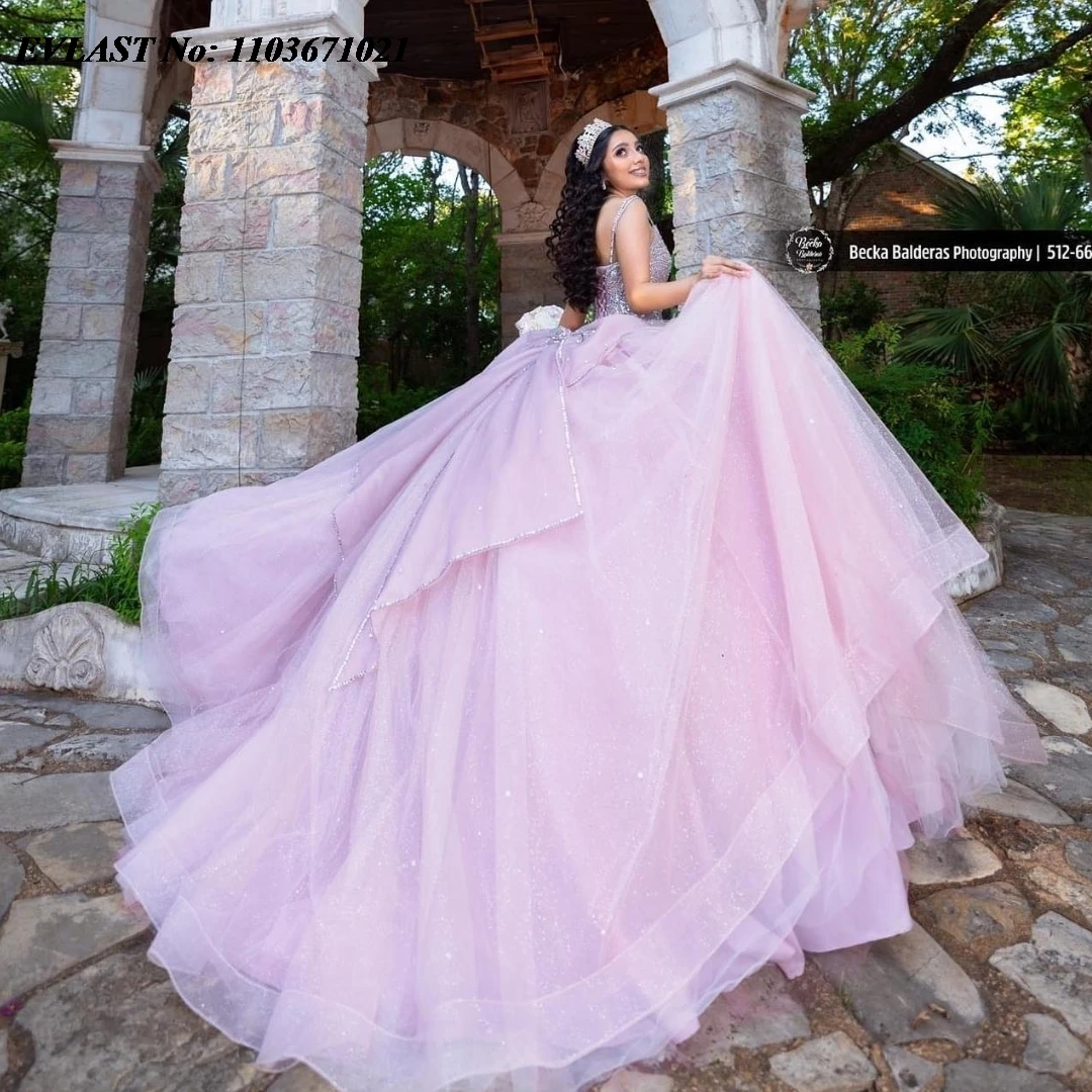 EVLAST Mexican Pink Quinceanera Dress Ball Gown Shiny Lace Applique Beading With Bow Corset Sweet 16 Vestidos De Anos SQ365