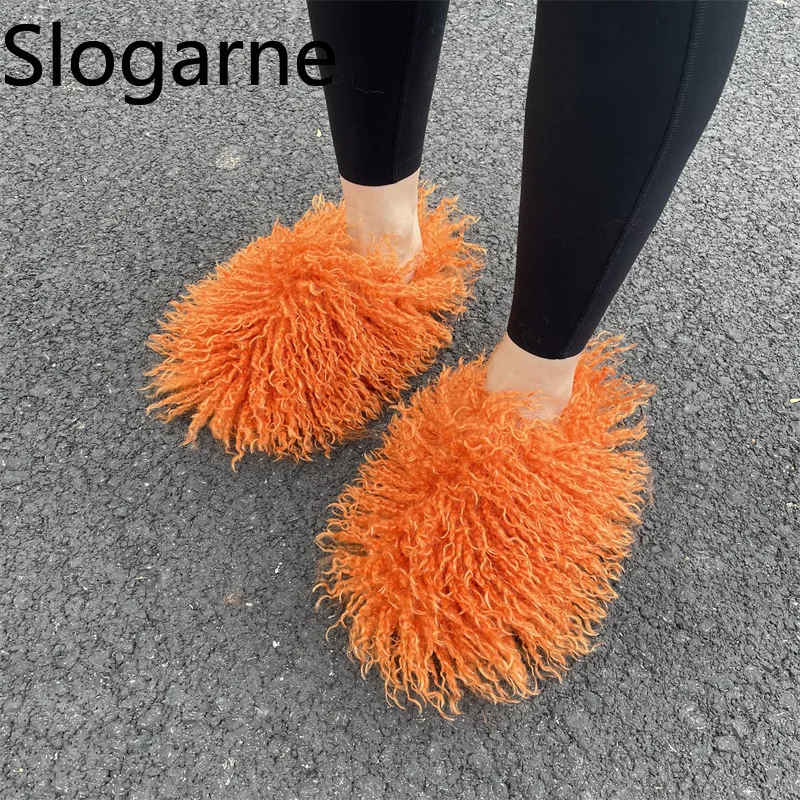 Women Autumn Winter Furry Fur Slippers Fluffy Faux Mongolian Fur Slides Warm Plush Slippers Fuzzy Flip Flops Luxury Woman Shoes