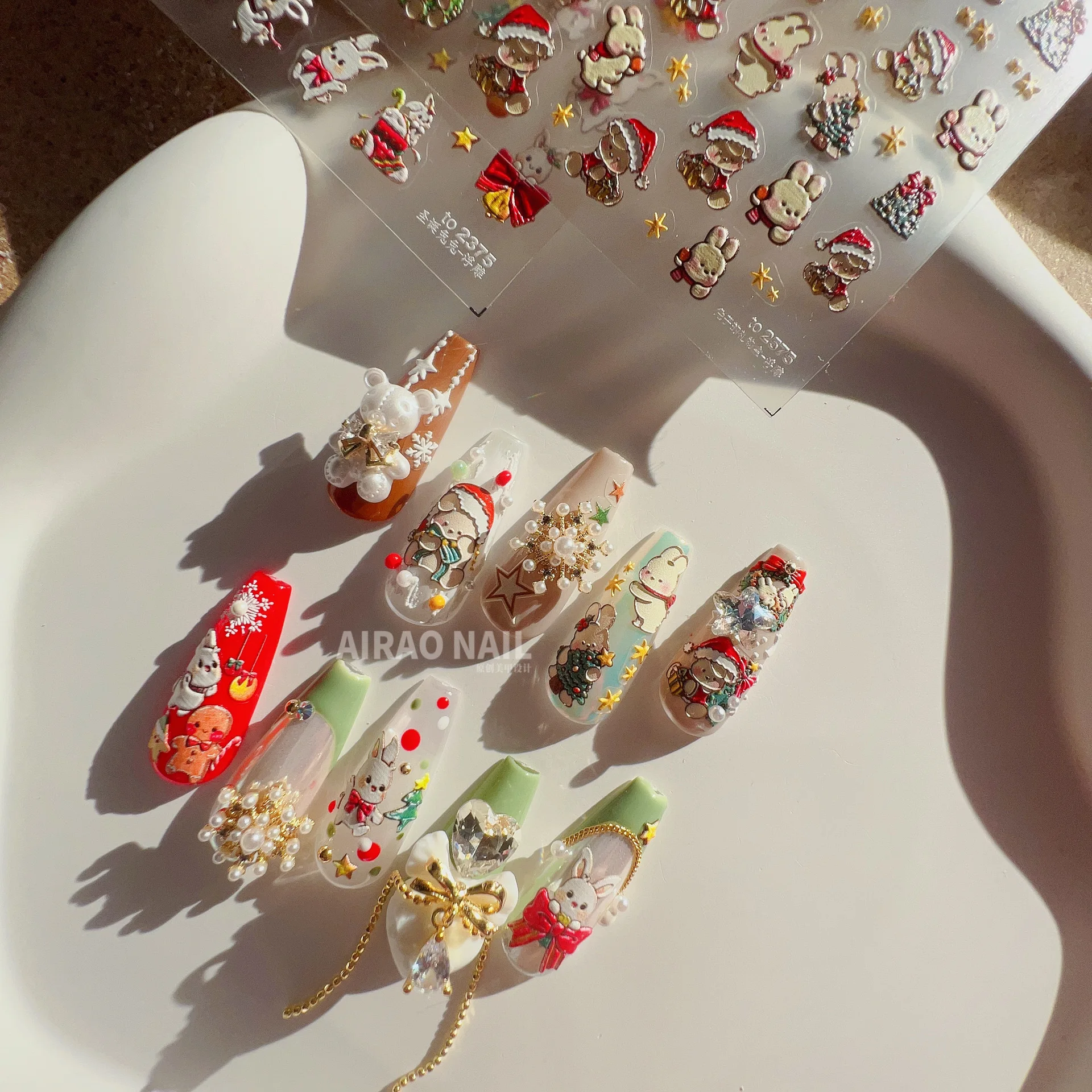 Nail Art Stickers Embossed 5D Christmas Cute Self Adhesive Film Decals Red Green White Lightweight Manicure Decor for Girls Kids