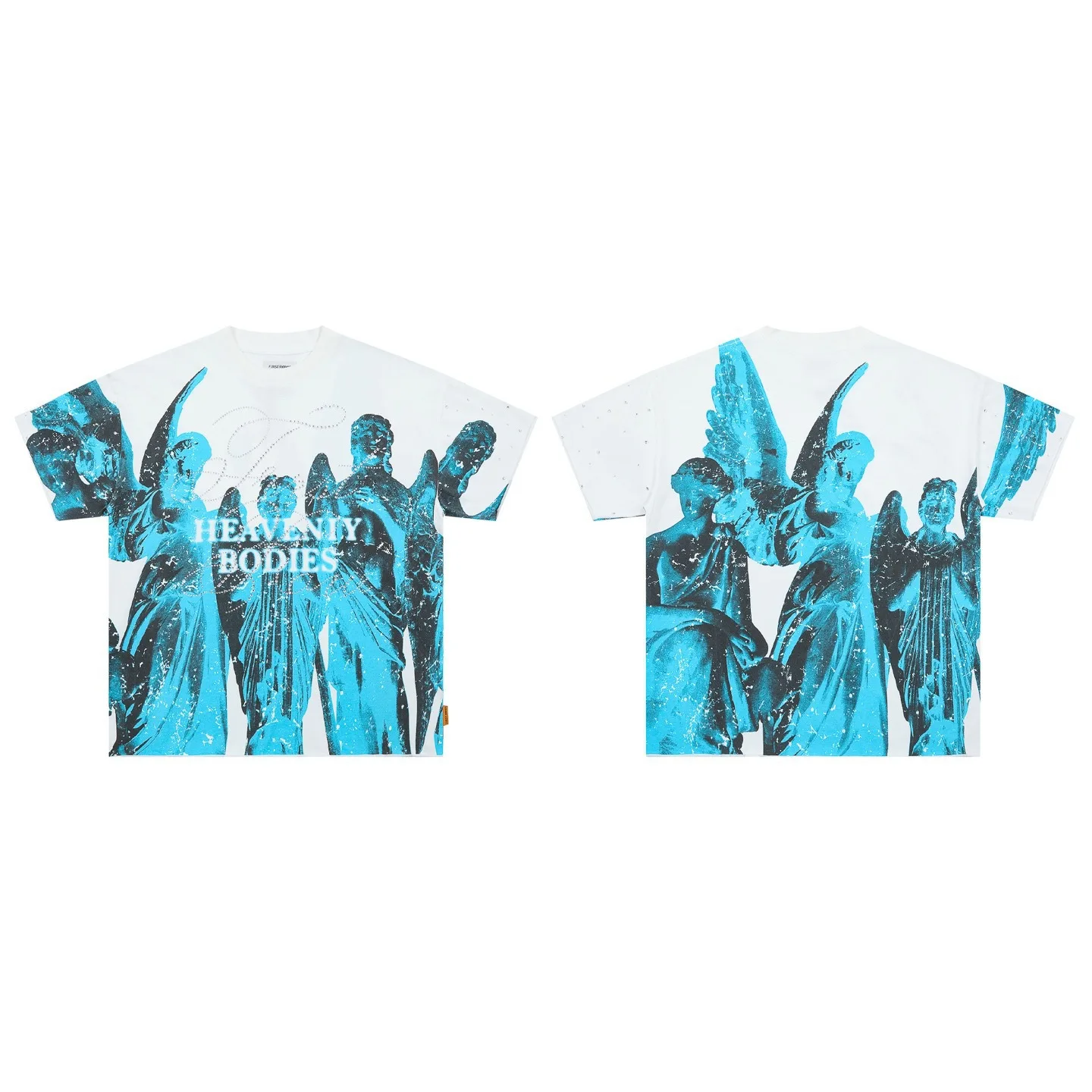 First Row Retro Printed Beaded Trendy Brand Summer Men's and Women's Loose Short-Sleeved T-Shirt ins