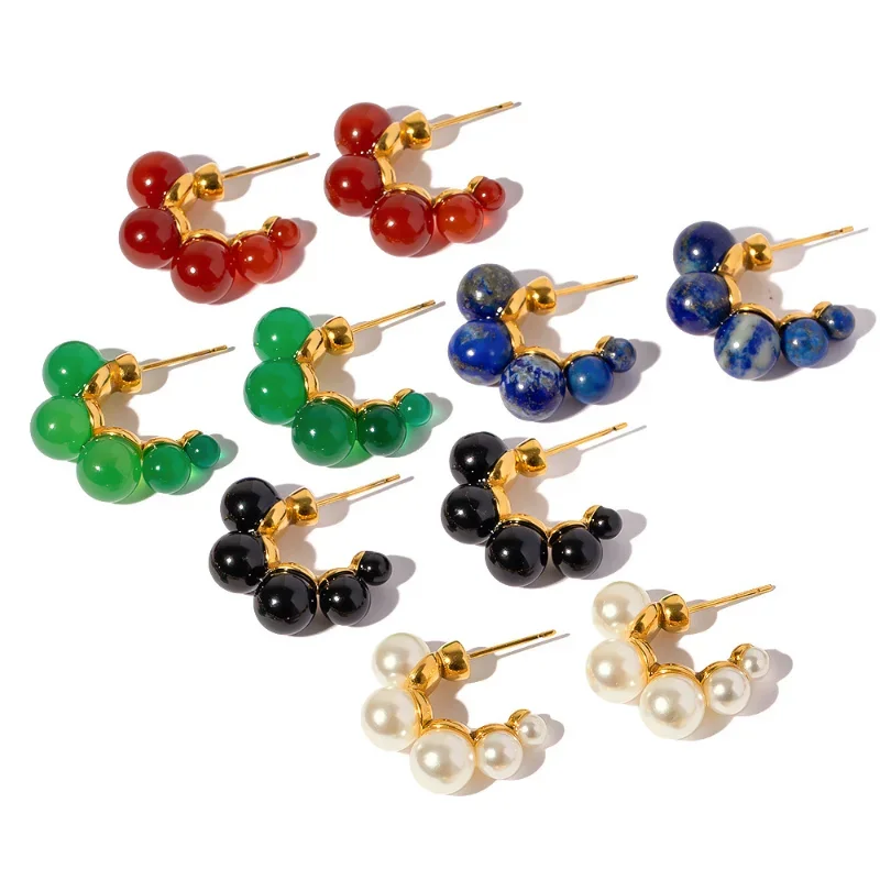 

Minar Unusual Natural Stone Agate Lapis Lazuli Pearl C Shape Stud Earrings for Women 18K Gold Plating Titanium Steel Earring