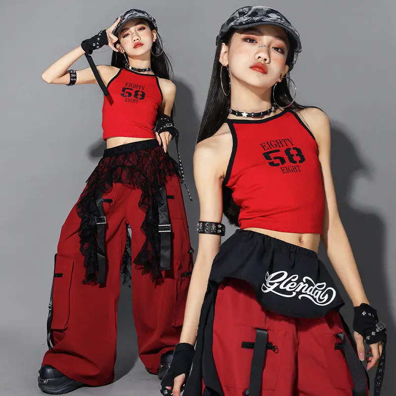 

Новый танцевальный костюм в стиле K-pop для девочек, красная майка, широкие брюки, детский джазовый сценический наряд, одежда для выступлений, одежда для городских танцев AMY3453