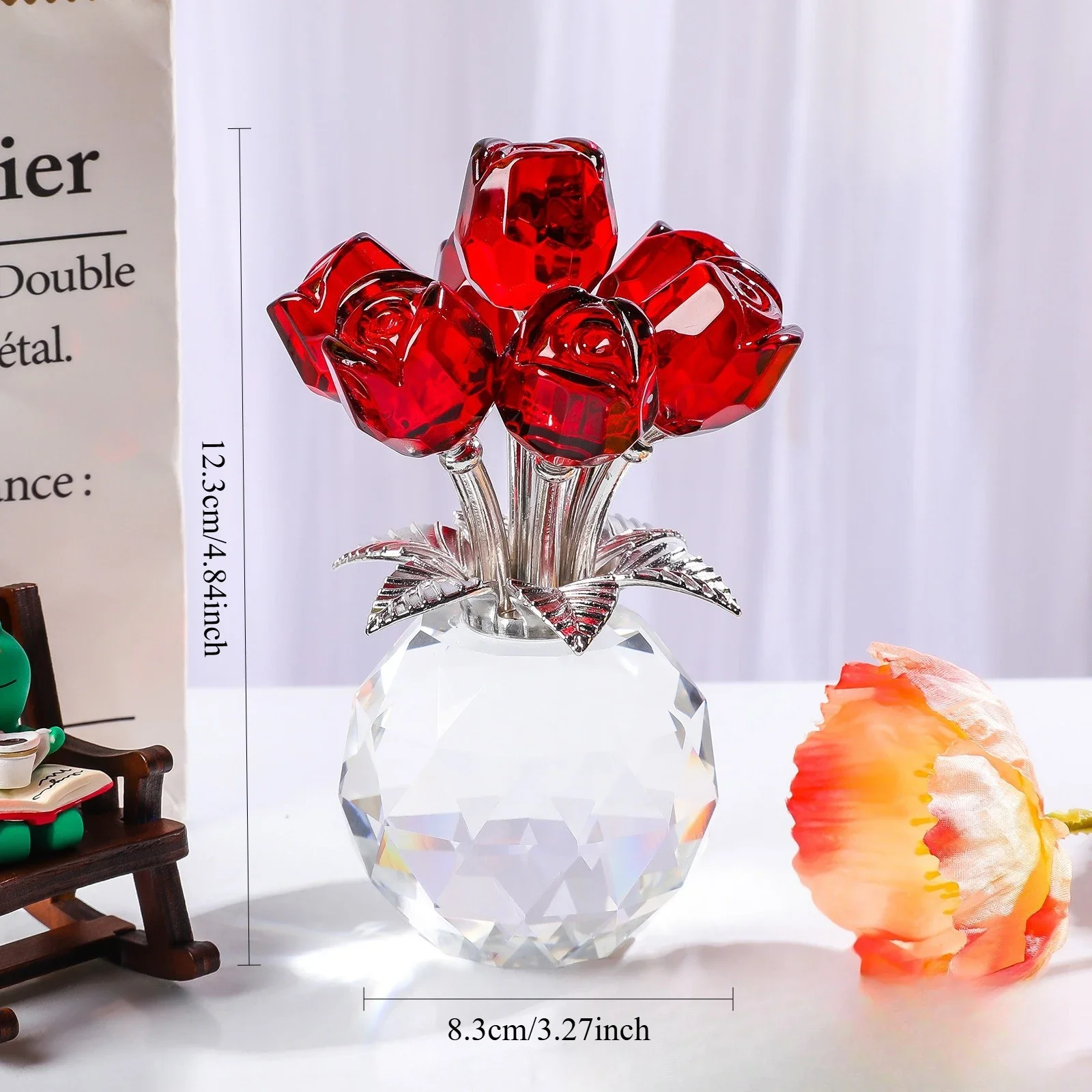 Handmade Crystal Rose Flower Figurine with Round Vase, Romantic Rose Gifts for Women on Anniversary Birthday, Weddind,Home Decor