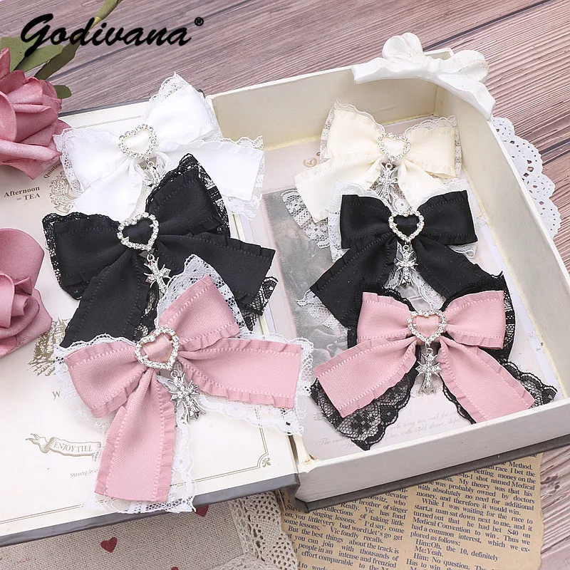 Hair Clips Handmade Japanese Style Sweet Cute Mine Series Heart Shape Rhinestone Cross Pendant Barrettes Side Clip Hairclips