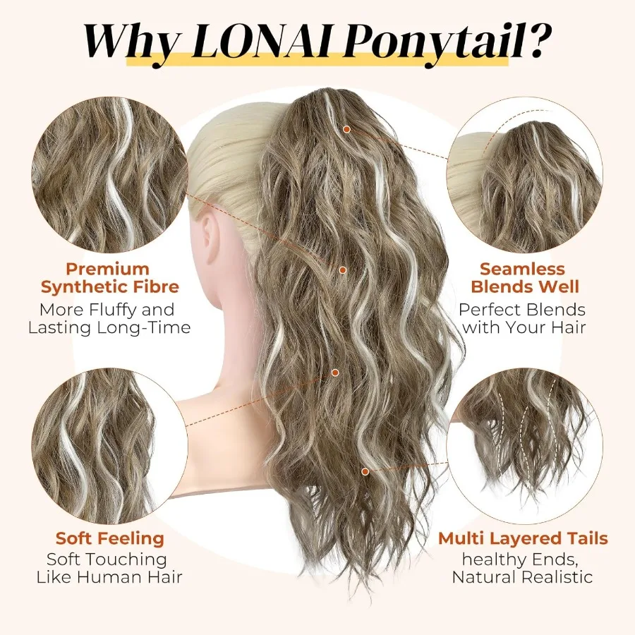 LONAI Extension de queue de cheval 18 pince à griffe ondulée Extensions de queue de cheval ZJ001 pince à griffe ondulée bouclée dans les Extensions de cheveux faux Pon synthétique