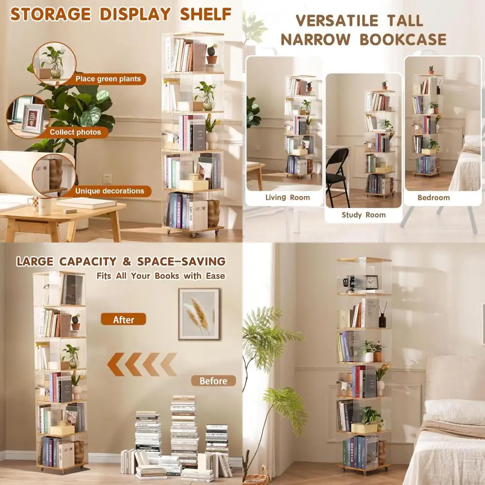 360 °   回転式アクリル本棚 - 子供、家庭、オフィス用の6段の背の高い狭い収納棚