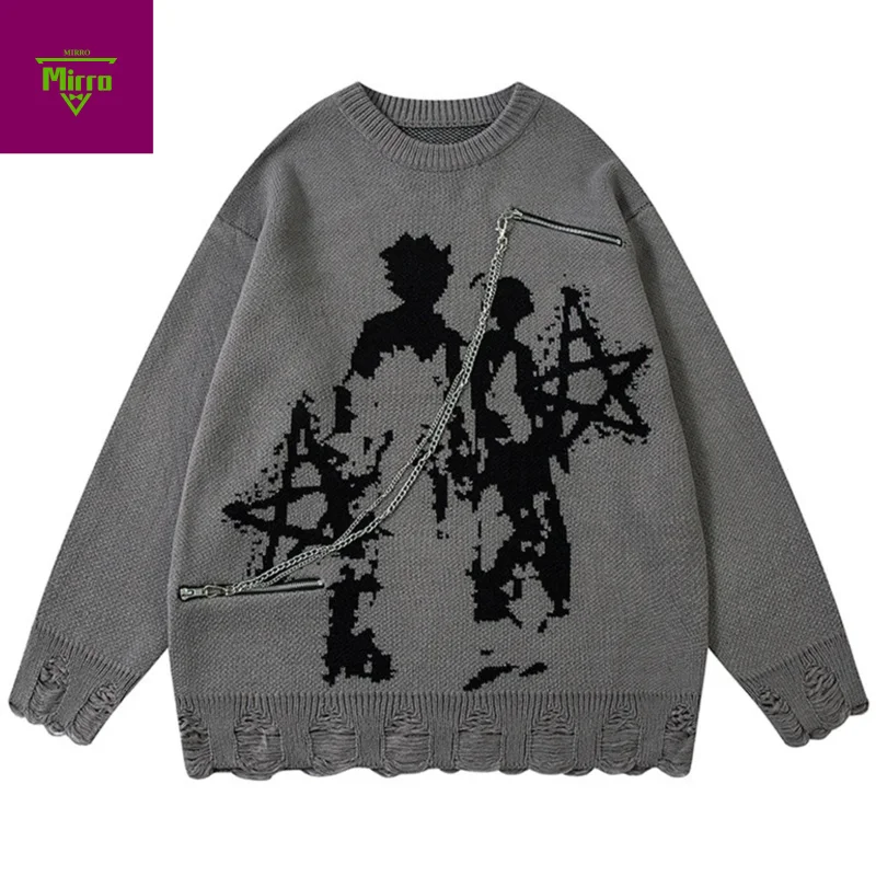

【Mirrordust】Уличная одежда Хип-хоп Негабаритные свитера Мужские свитера Harajuku Y2K Вязаные джемперы Повседневные свободные свитера Трикотаж