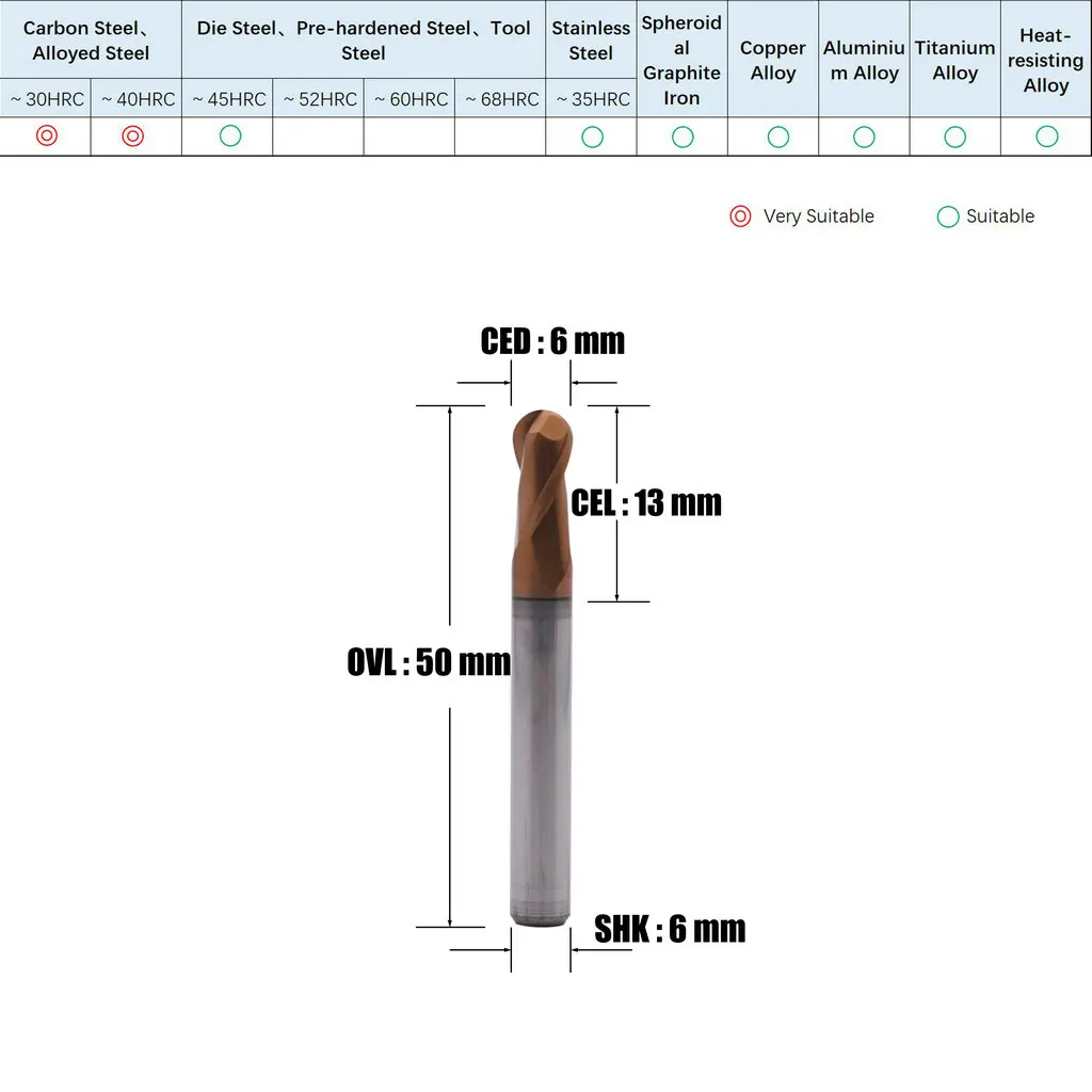 HRC55 Shank 6mm 2 Flute Ball Nose End Mill Cutter Tungsten Carbide Spiral CNC Router Milling Bits Set Machining Tools for Steel