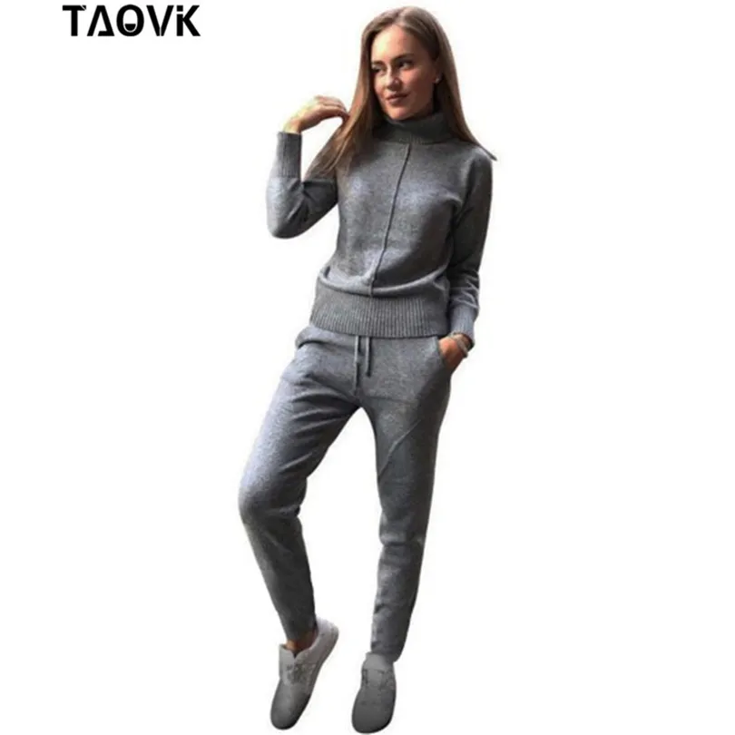 TAOVK Women\'s Woolen Knitted Suit High Collar Sweater + Pants Loose Style Two-piece Set women\'s Knitted Costume tracksuit