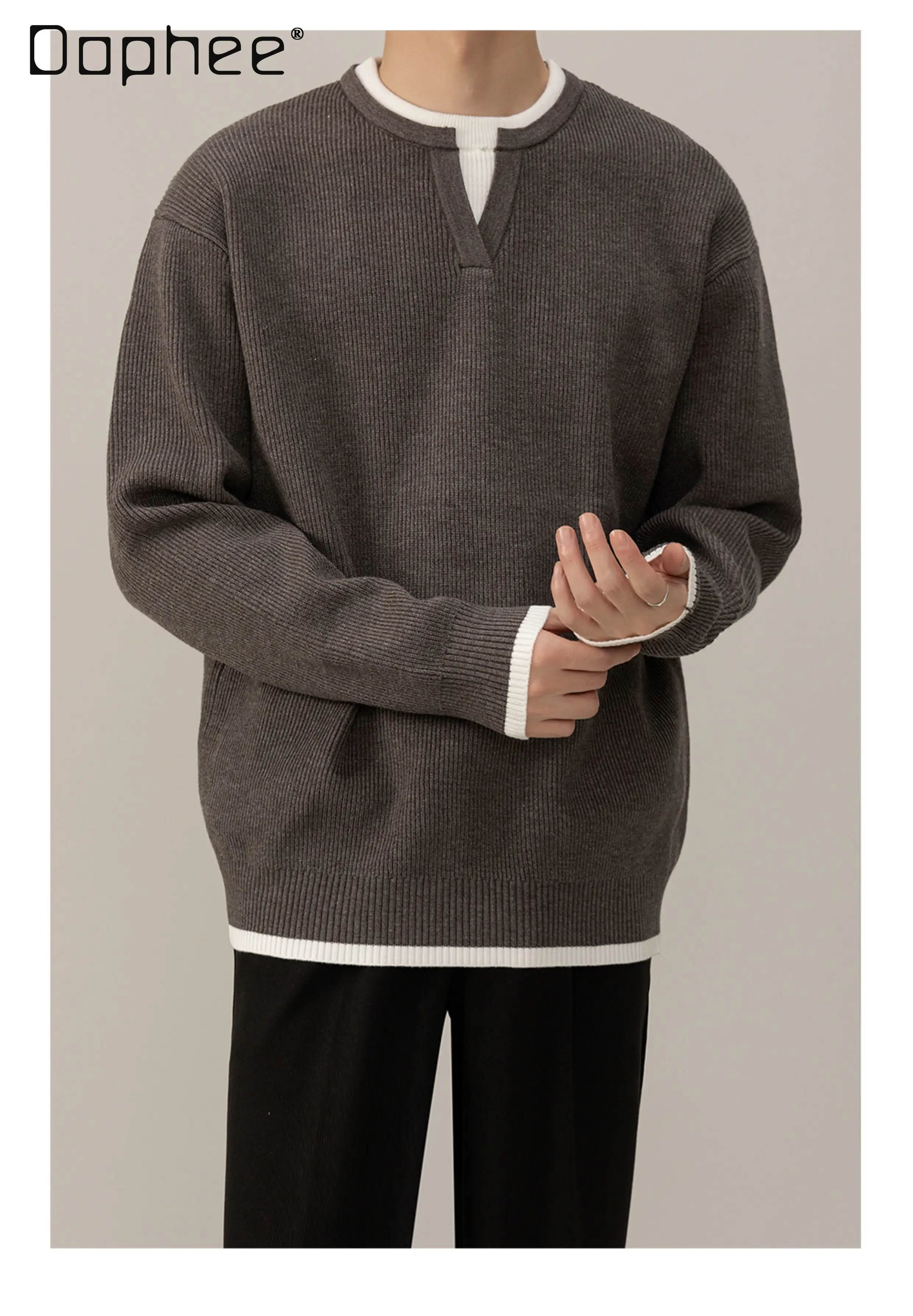 Autumn Winter Commuting Style Men's Casual Versatile Black White Knitwear High-end Warm V-neck Gray Red Fake Two-piece Sweater