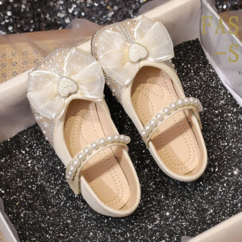 Princess shoes for girls2024Summer New Crystal Shoes Spring and Autumn Shoes Bow Soft Bottom