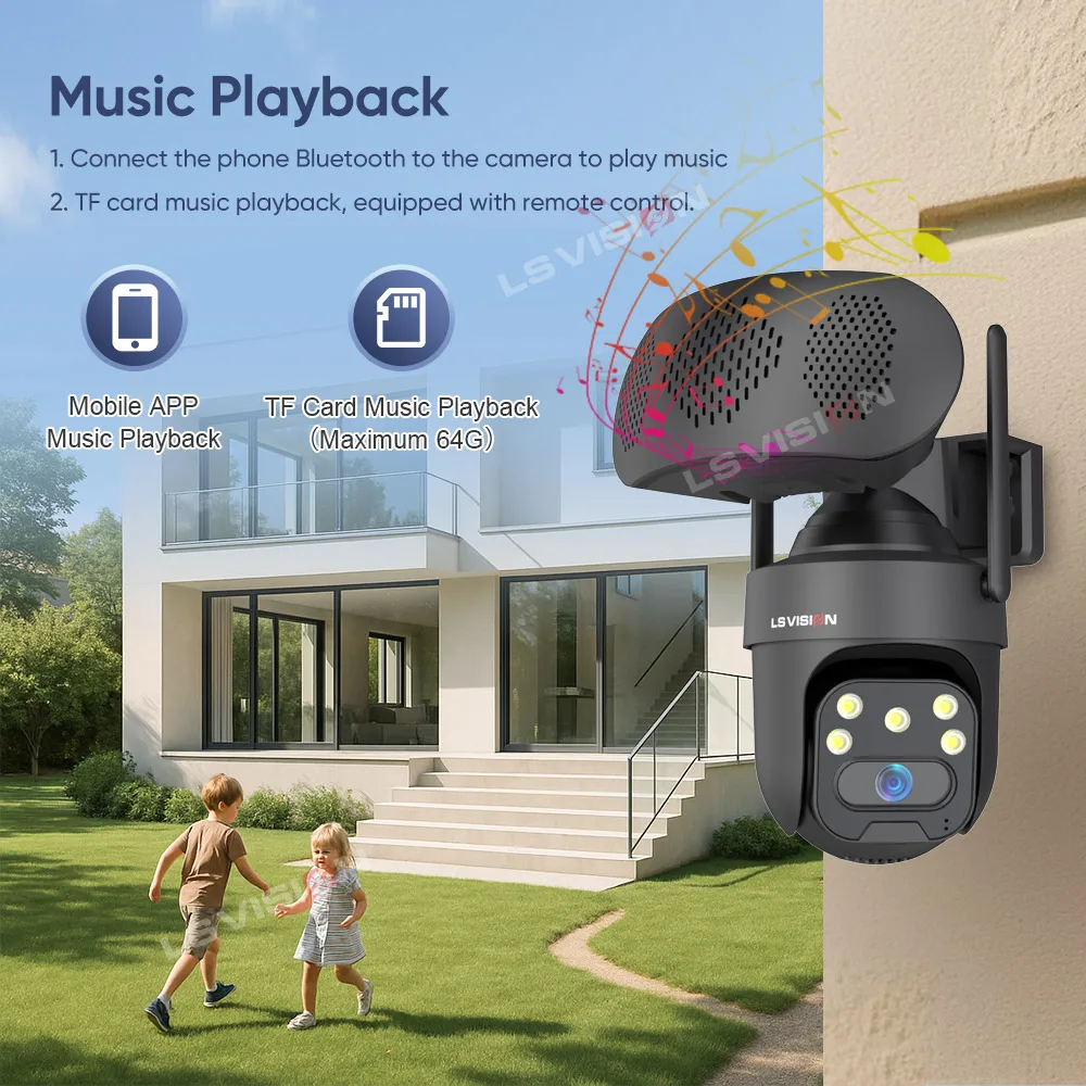 LS VISION 4MP WiFi IP カメラ Bluetooth ラウドスピーカー音楽プレーヤー屋外ワイヤレスセキュリティカメラ人間検出自動追跡