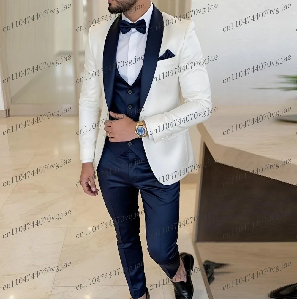 

Acetate Satin Formal White And Navy Blue Men Suit Wedding Party Groom Groomsman Male Tuxedos 3 Piece Set Jacket Vest Pants