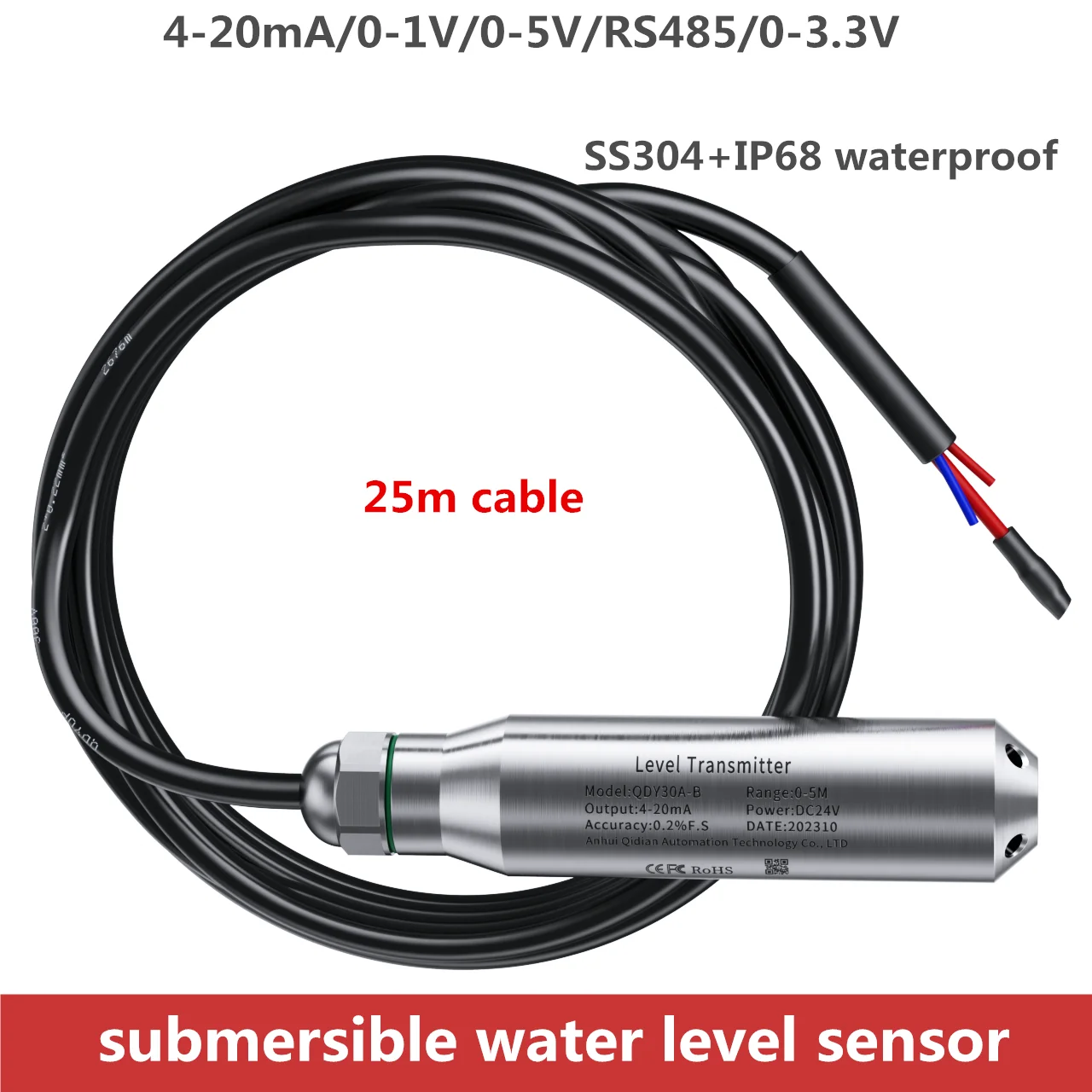 25m Liquid Level Transmitter 0-10V RS485 Sensor fuel oil gas Hydrostatic Water Level Transducer 5M 8M 10M Sensor