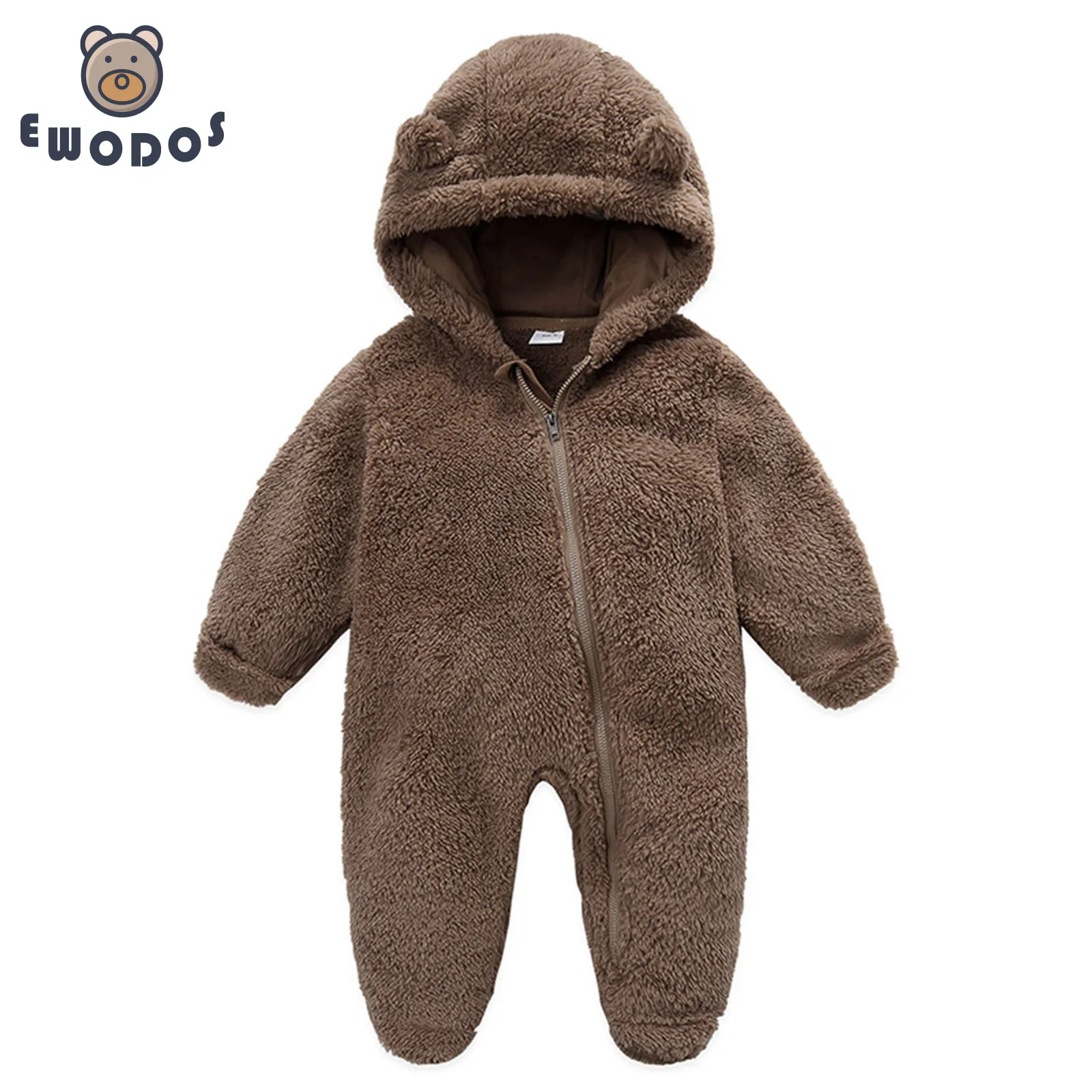 EWODOS 0-12M Newborn Baby Kids Jumpsuit Fleece Rompers Long Sleeve Hooded Zipper Closure Winter Romper Clothes for Boys Girls