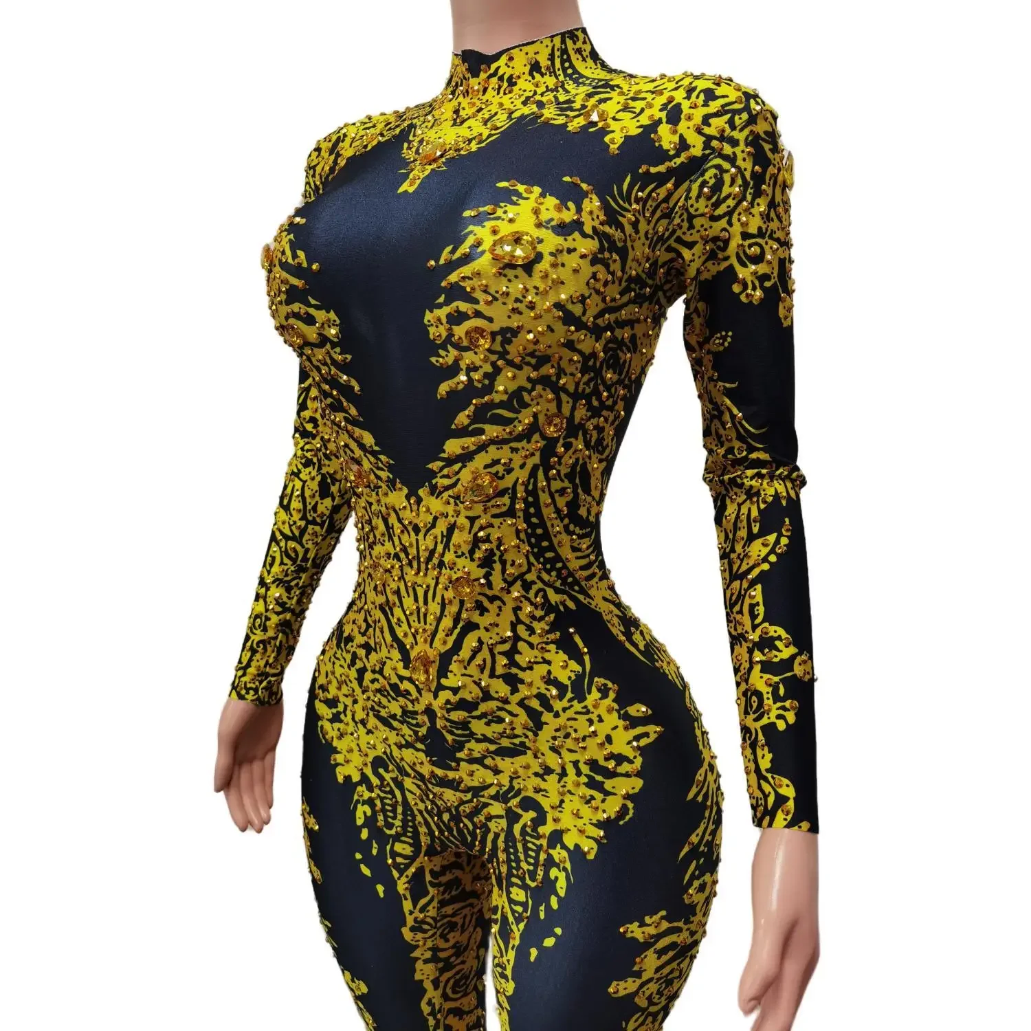 

Diamond jumpsuit Long Sleeves Print Rhinestones Leotard Dance Costume Playsuit Women Sexy Birthday Party Club One Piece bodysuit