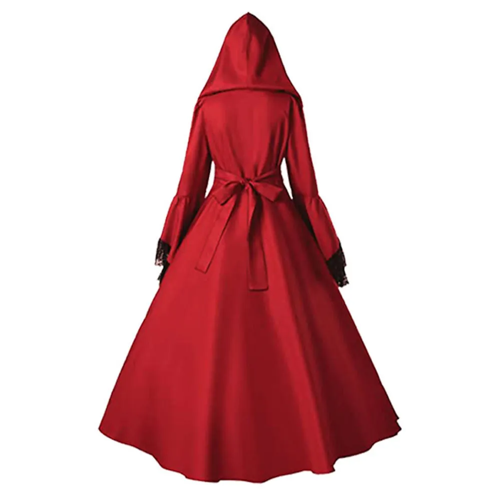 Medival Gothic Renaissance Cosplay Costume Ladies Long Red Hooded Dress Women Retro Jumpsuit Gown outfit Halloween Party Suit